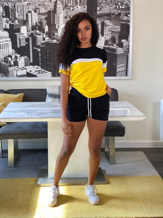 Casual Two piece Set Block T shirt & High Waist Drawstring Shorts Outfits
