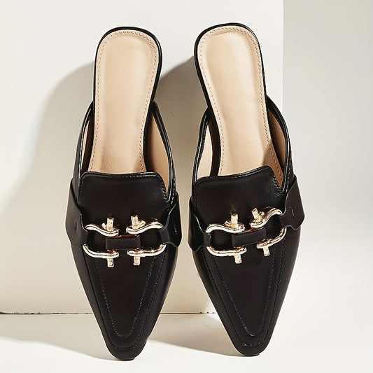 Pointed Toe Mules with Metal Buckle Detail