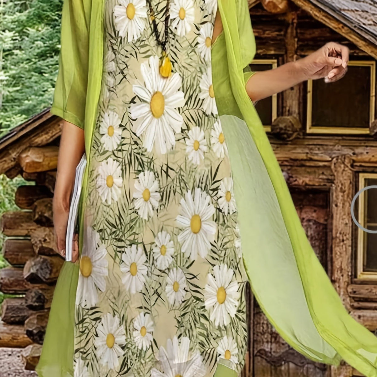 Women's Plus Floral Print Dress & Sheer Cardigan Set