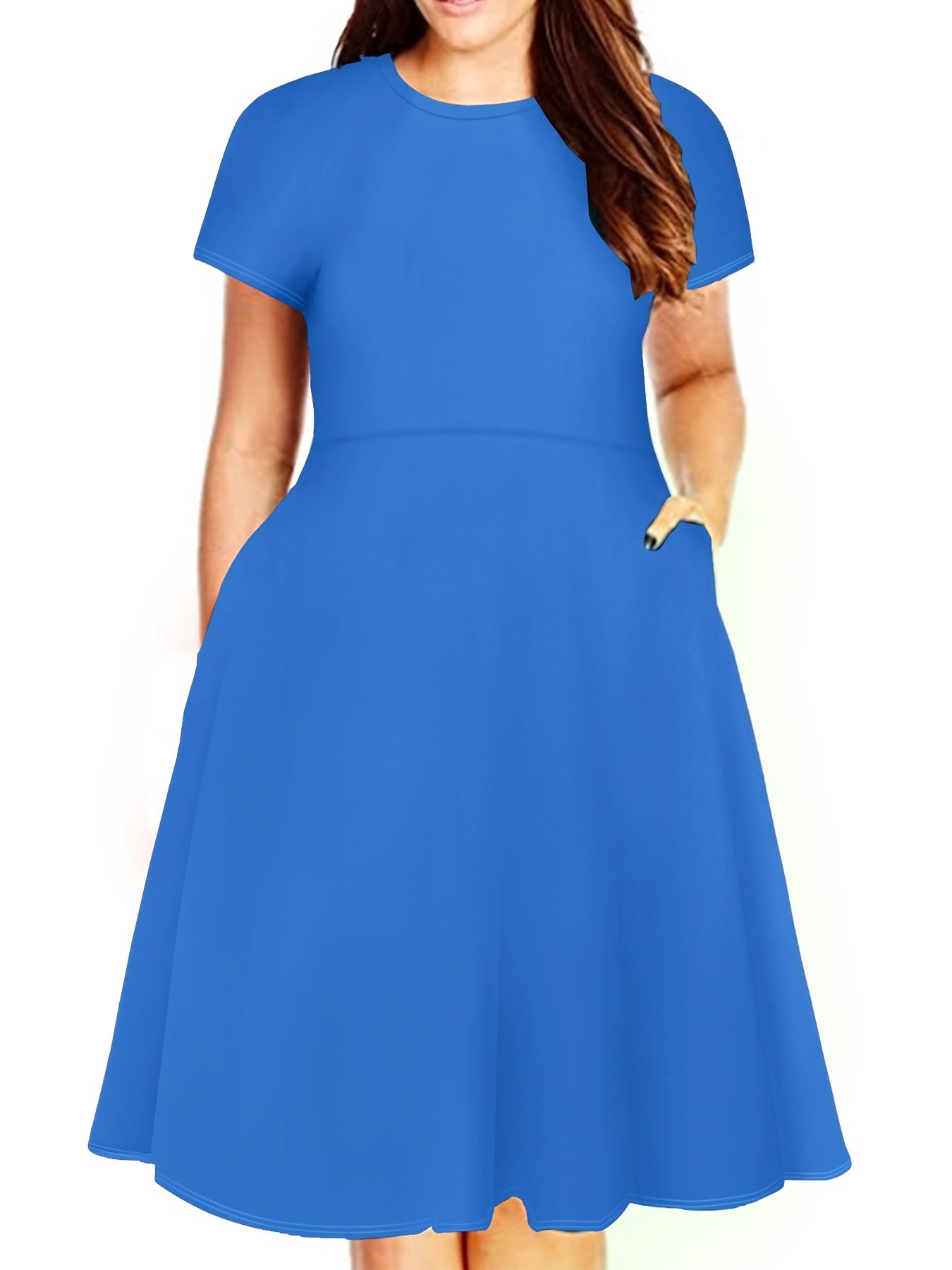  Solid Short Sleeve Midi Dress With Pocket Women's Plus