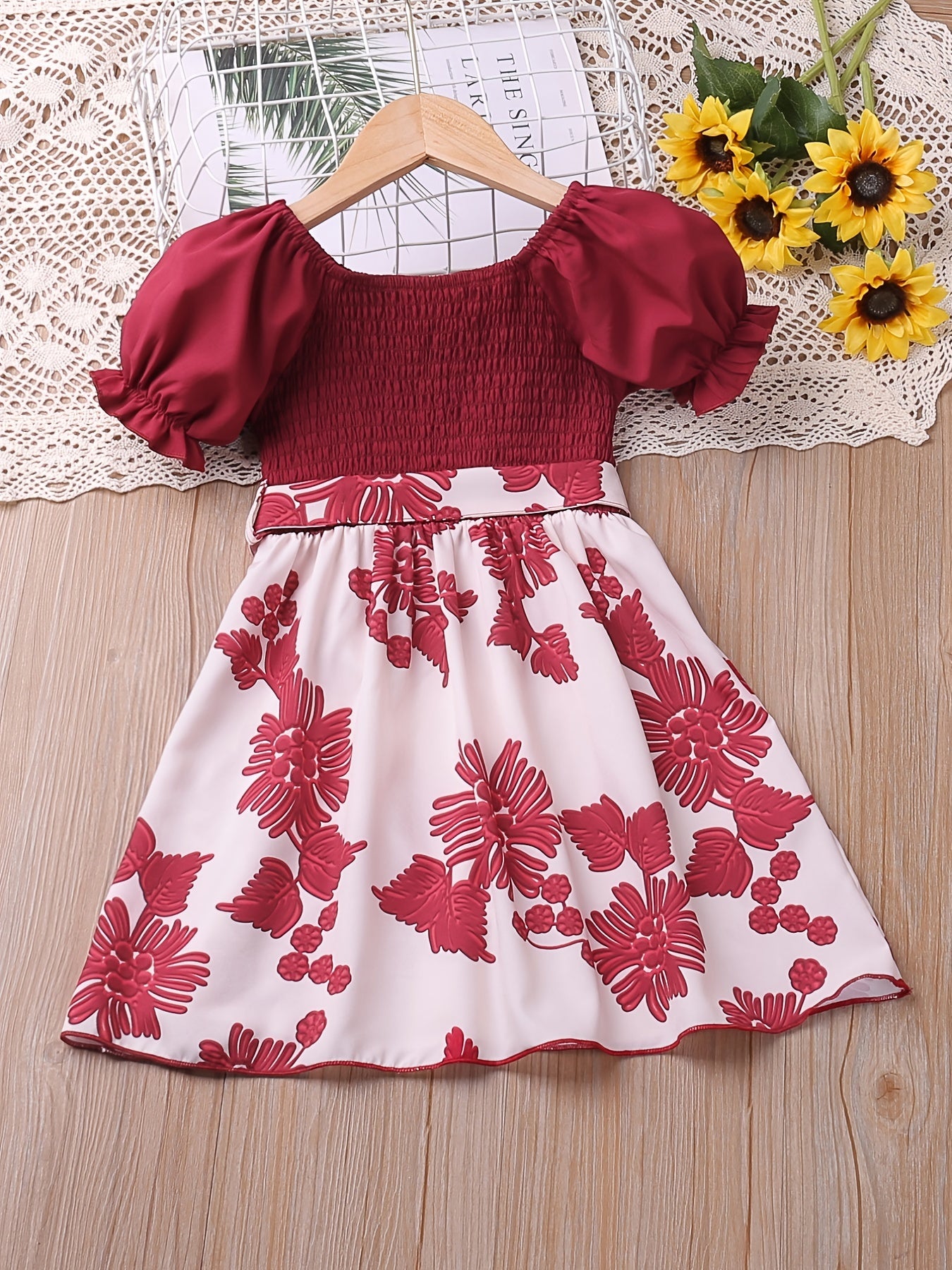 Girl's Puff Sleeve Shirred Floral Midi Dress with Belt