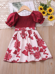 Girl's Puff Sleeve Shirred Floral Midi Dress with Belt