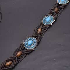 Turquoise Inlaid Braided Belt Boho Hollow Wax Rope Waistband Vintage Dress