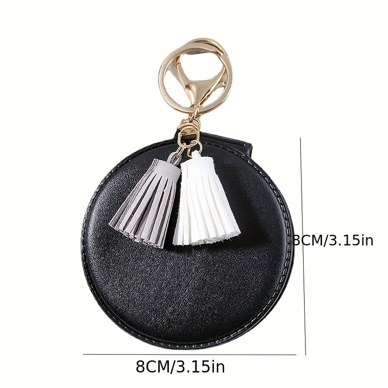 PU Leather Folding Makeup Mirror Keychain Small Cosmetic Touch up Mirror Tassel