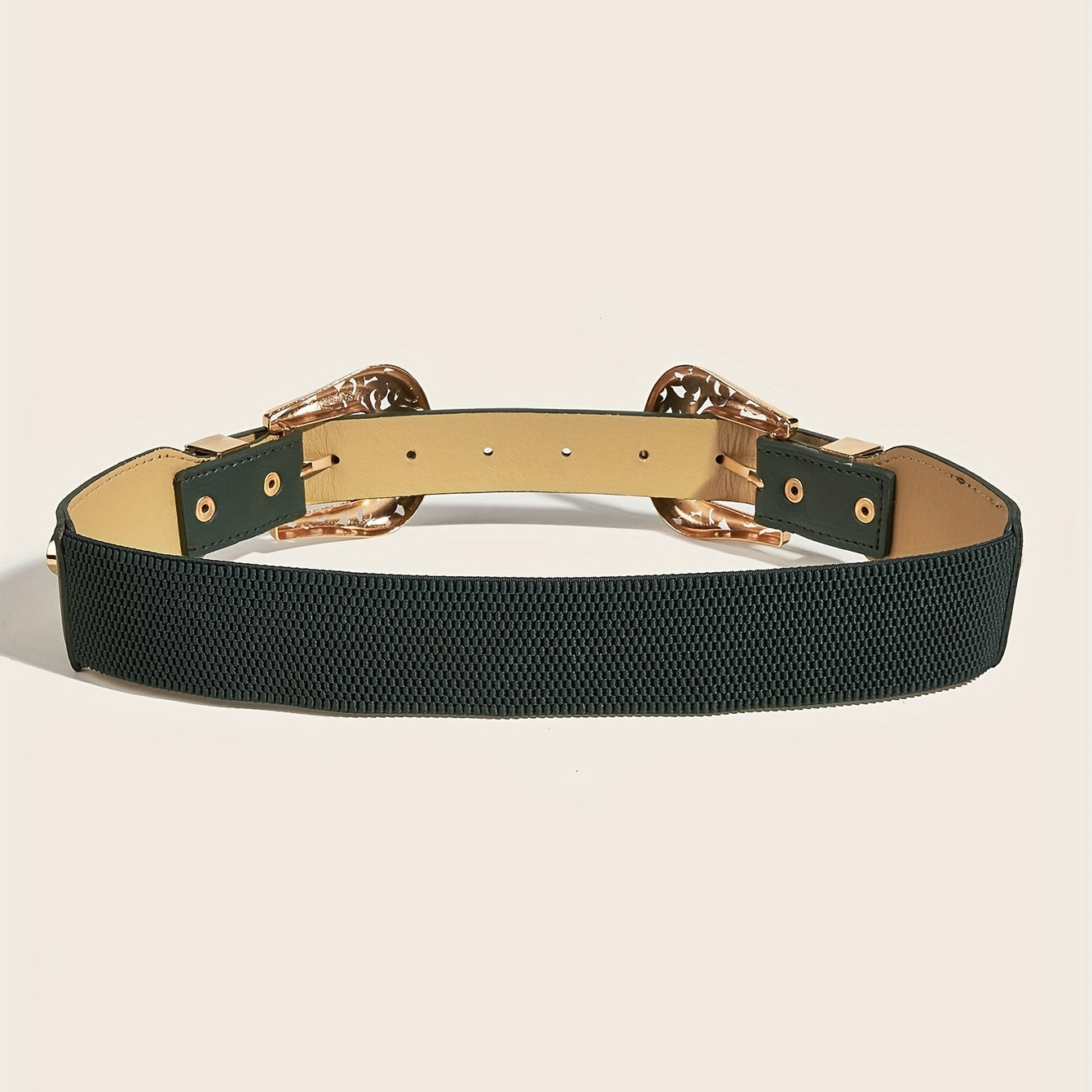 Double Carved Buckle Western Belt Vintage Dark Green Elastic Belt