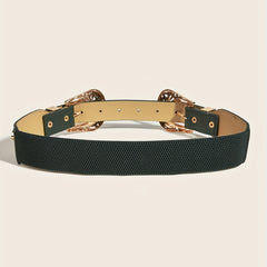 Double Carved Buckle Western Belt Vintage Dark Green Elastic Belt