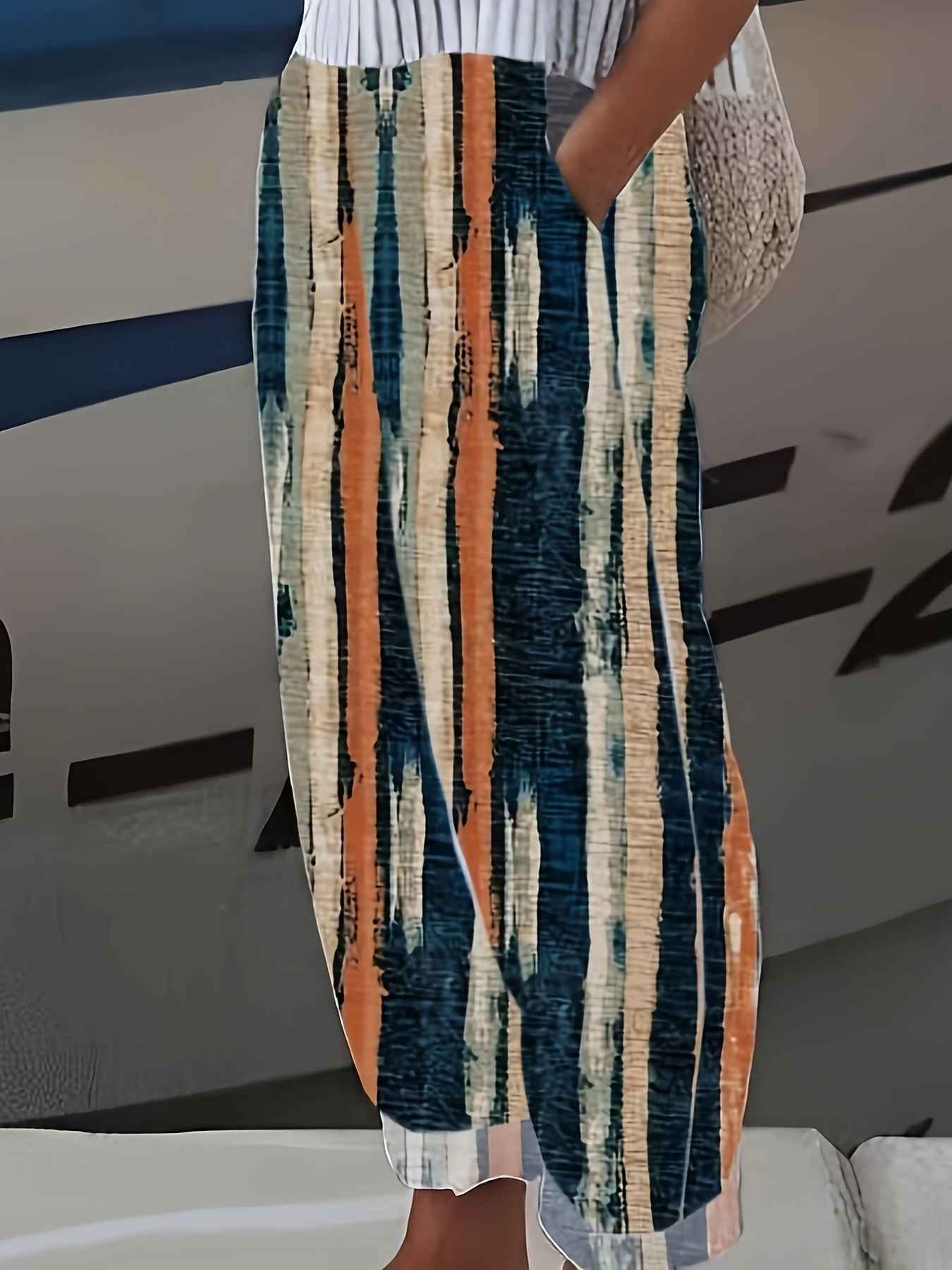  Brush Print High Rise Straight Leg Pants With Pockets