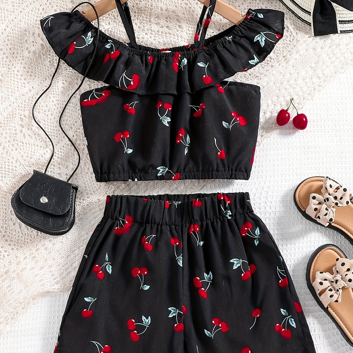Girls Cherry Print Off Shoulder Camisoles & Elastic Waist Shorts Set