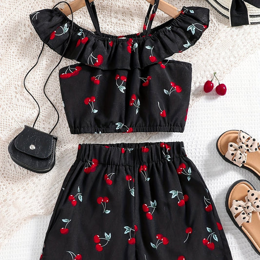 Girls Cherry Print Off Shoulder Camisoles & Elastic Waist Shorts Set