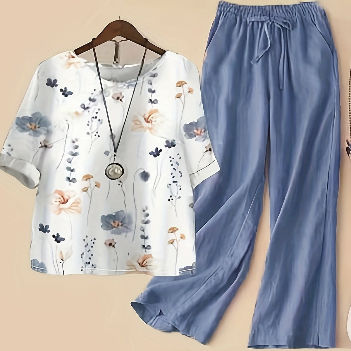  Floral Print Top & Wide Leg Pants 2 Piece Set
