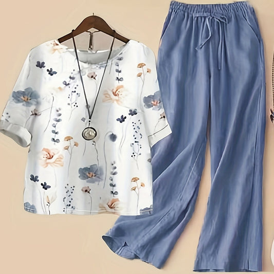 Floral Print Top & Wide Leg Pants 2 Piece Set