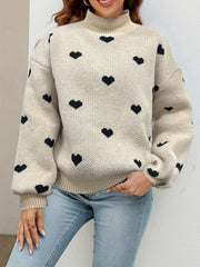 Heart Pattern Mock Neck Pullover Sweater for Fall & Winter