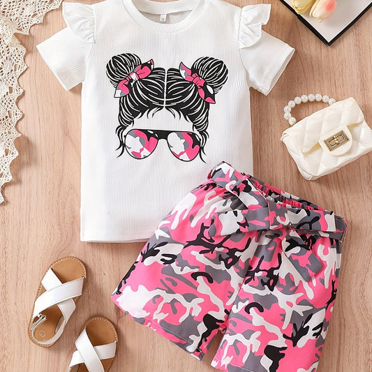 Girls Cartoon Girl Graphic Top & Camo Shorts Set