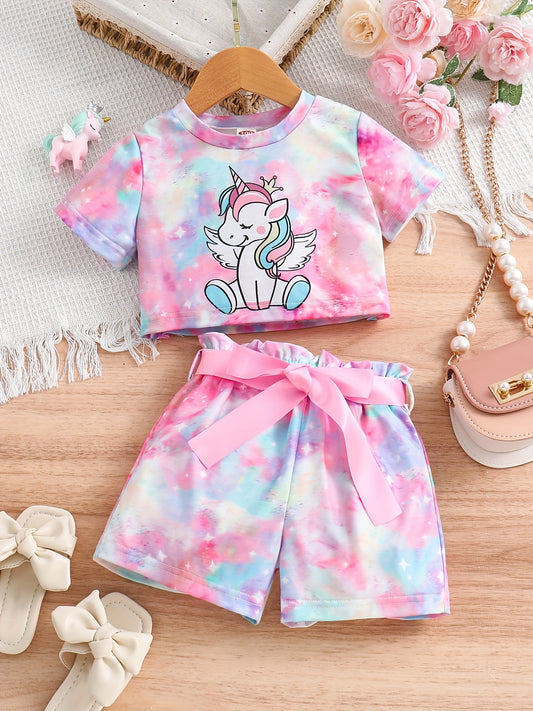 Girls Unicorn Graphic T-Shirt & Shorts Set for Summer