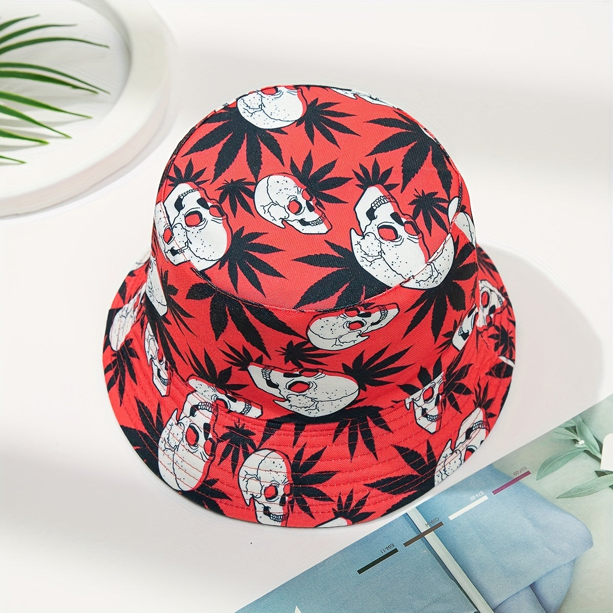 Skull Leaf Print Reversible Bucket Hat Lightweight Unisex Fisherman Cap