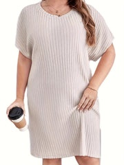 Women's Plus Solid Ribbed Batwing Sleeve Round Neck Loose Fit Dress