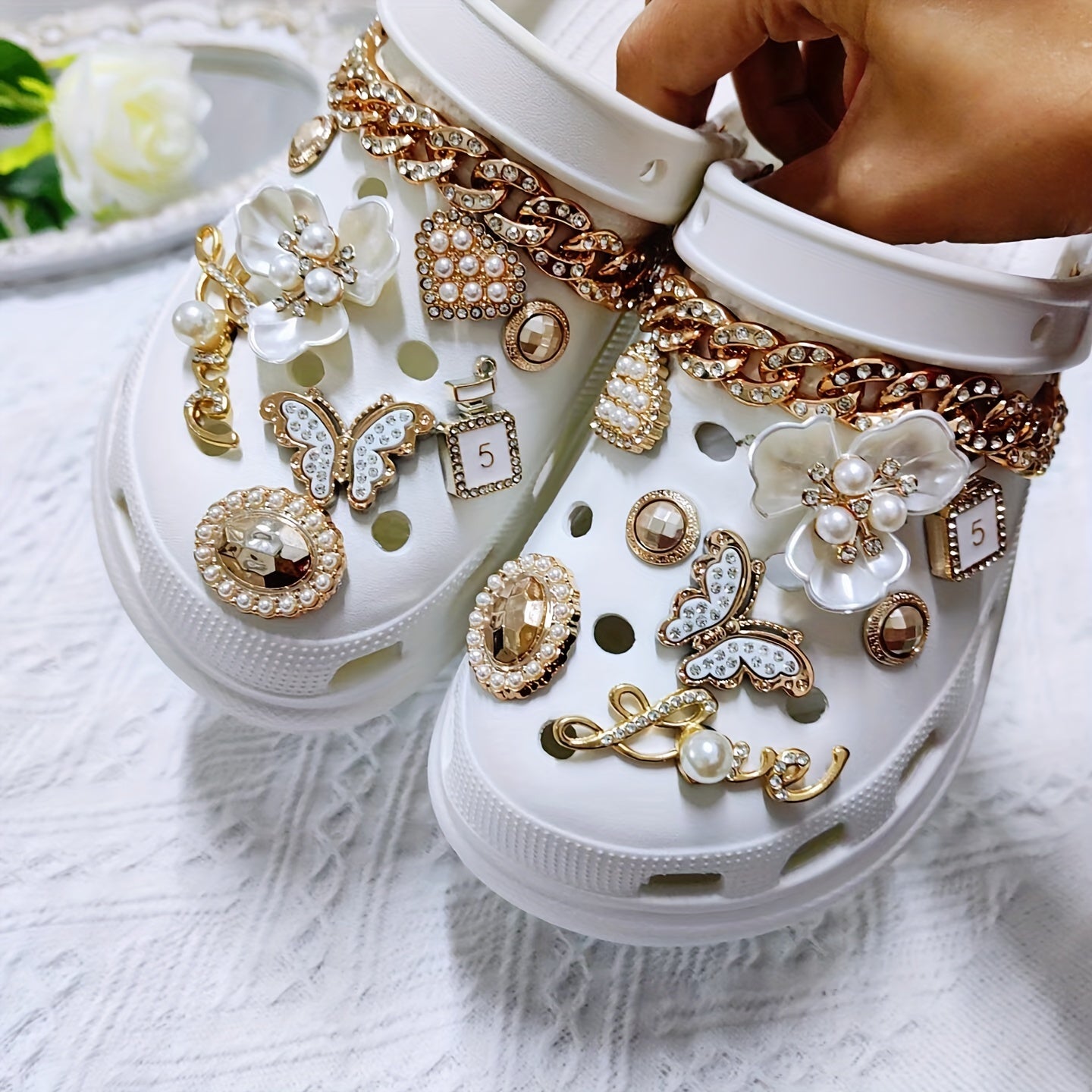 Stylish Shoe Accessories Clover Flower Rhinestone Pearl Chain Party Set