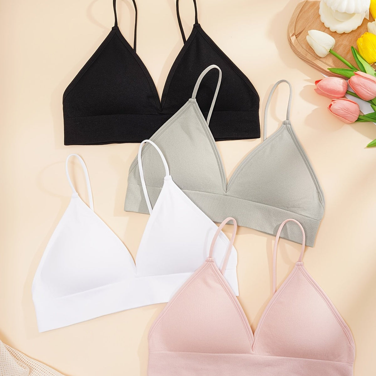 4pcs Solid Wireless Bras Women's Lingerie