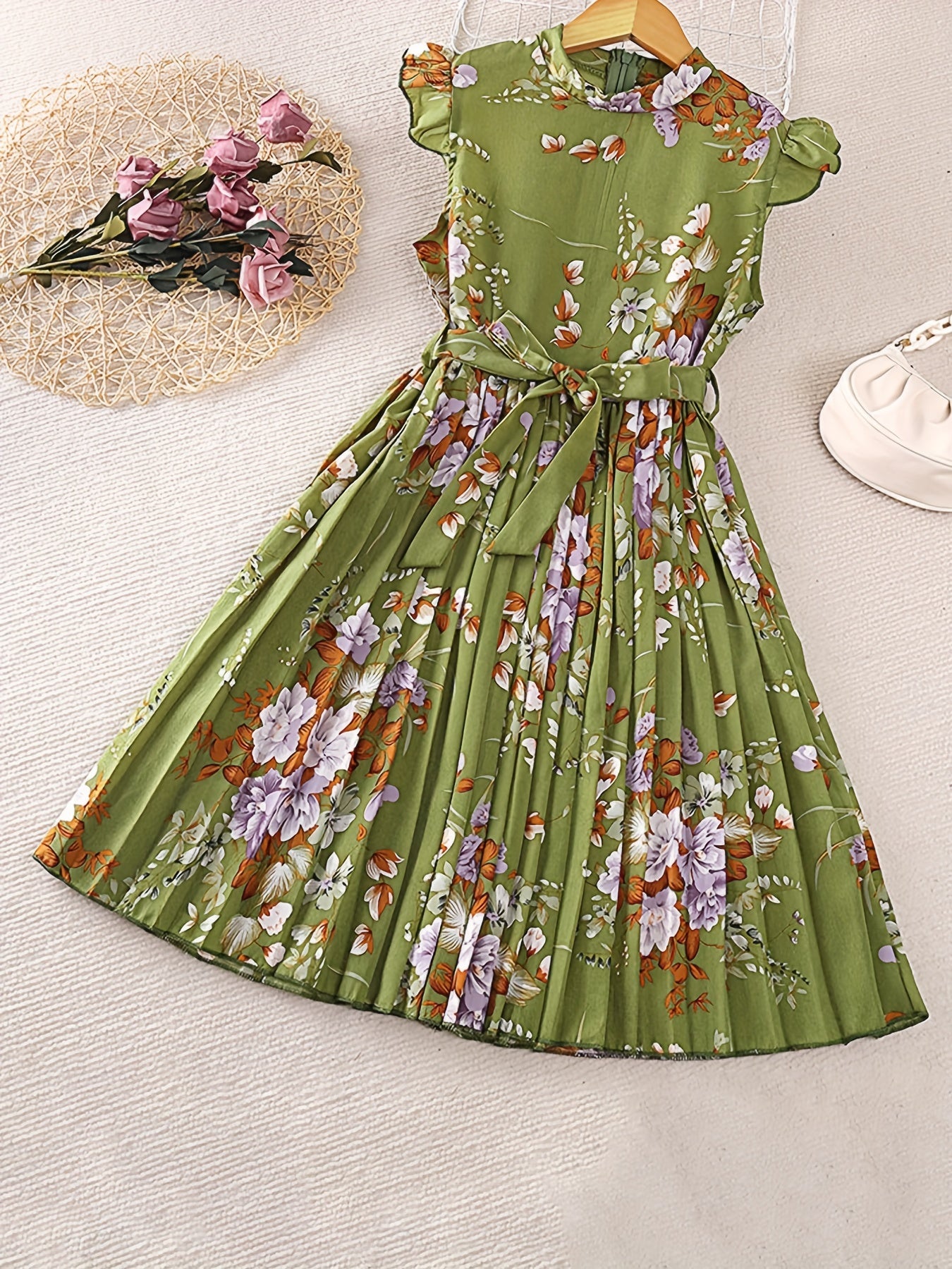 Girls Floral Graphic Pleated Dress For Party Beach Vacation