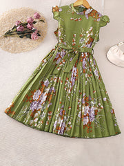 Girls Floral Graphic Pleated Dress For Party Beach Vacation