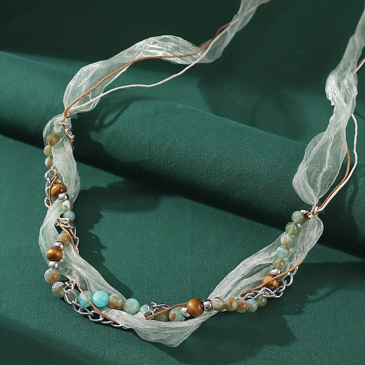 Boho Beaded Headband Lace Ponytail Holder Hair Tie