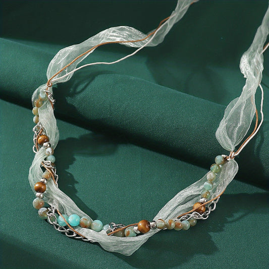 Boho Beaded Headband Lace Ponytail Holder Hair Tie