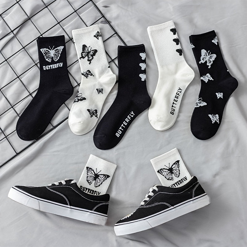 3 Pairs Butterfly Print Socks Women's Mid Tube Stockings
