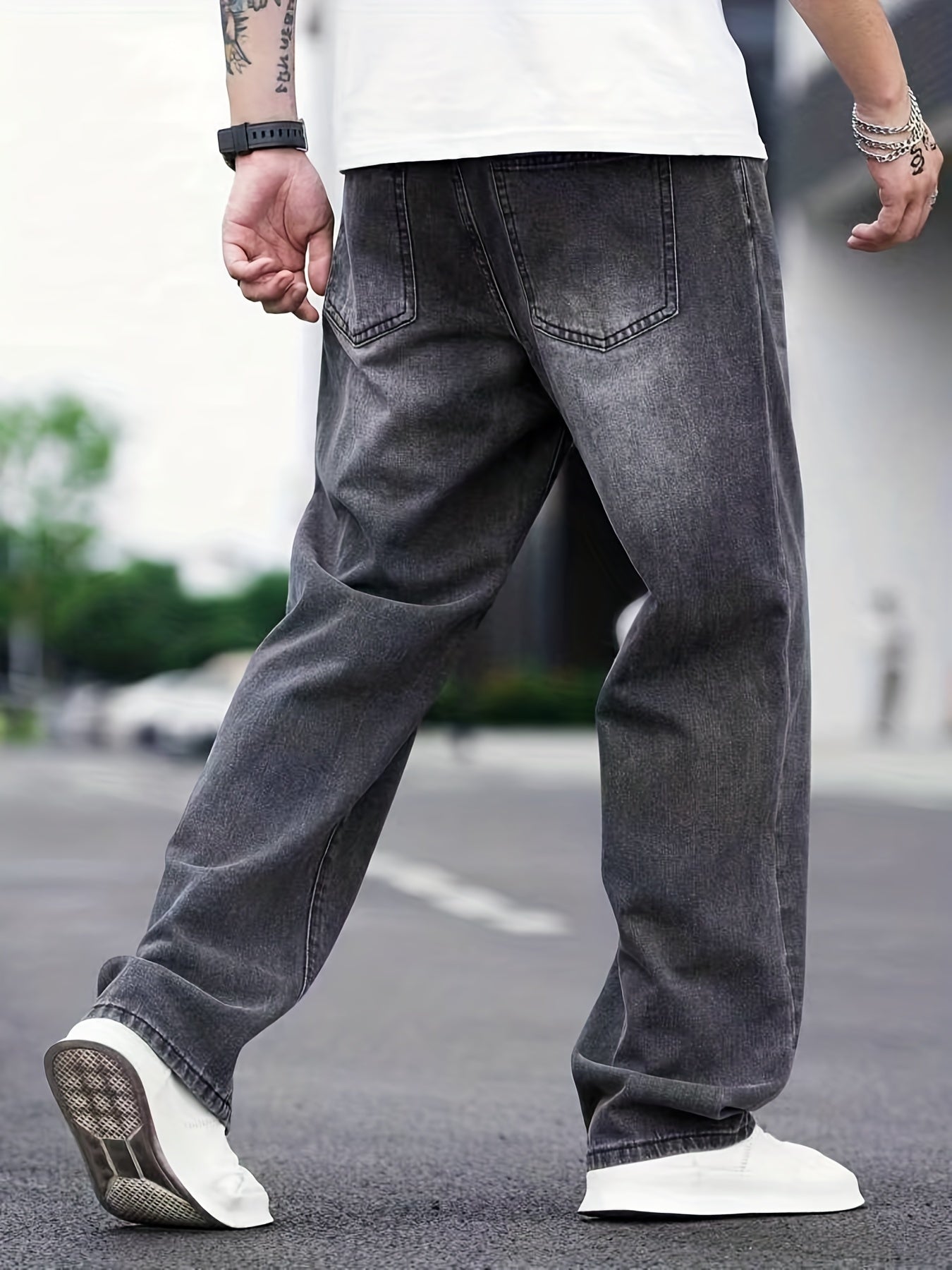 Men's Distressed Denim Pants Loose Fit Wide Leg Jeans
