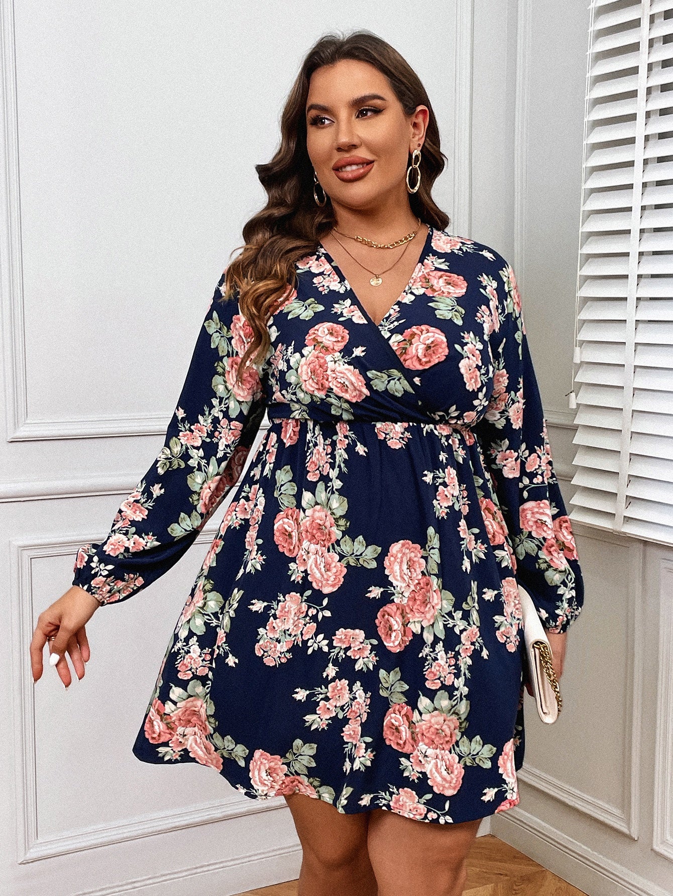  Rose Print Lantern Sleeve Mini Dress