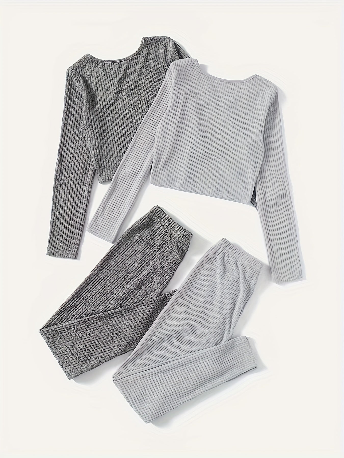 Solid Ribbed Lounge Set V Neck Top & Elastic Waistband Pants