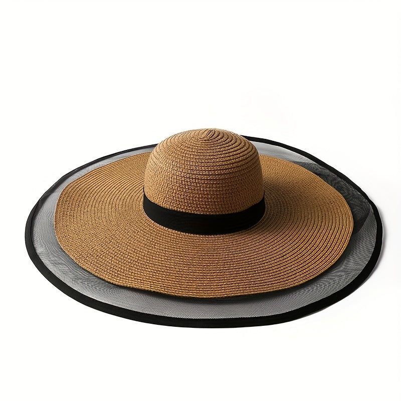 Oversized Mesh Brim Sun Hat Solid Vintage Straw Floppy Summer Travel