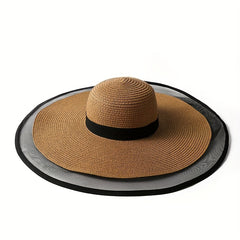 Oversized Mesh Brim Sun Hat Solid Vintage Straw Floppy Summer Travel