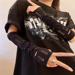 Gothic Fingerless Gloves Ripped Y2K Punk Knit Elastic Gloves