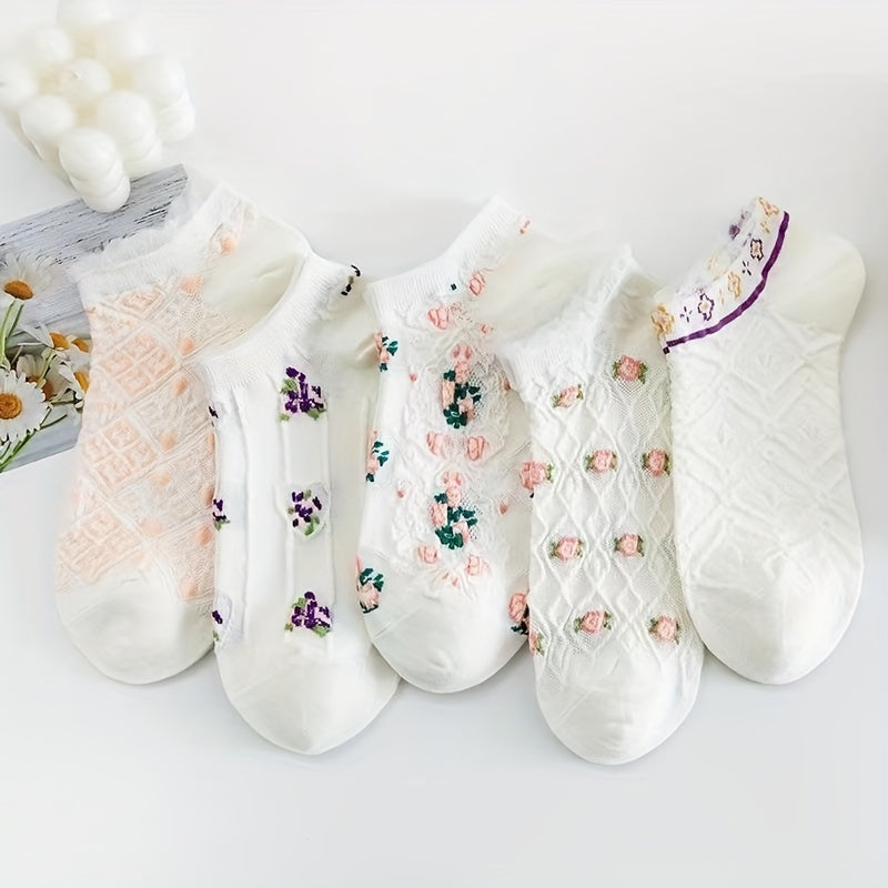 5 Floral Print Ruffle Ankle Socks Women's Stockings