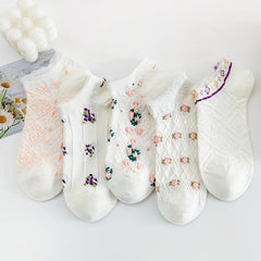 5 Floral Print Ruffle Ankle Socks Women's Stockings