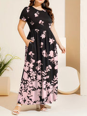 Women's Plus Floral Print Short Sleeve Round Neck Maxi Dress