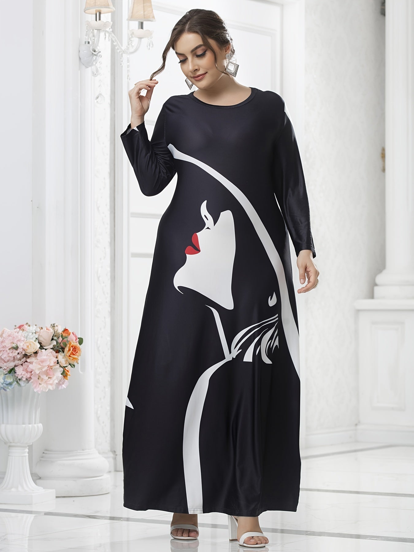 Women's Plus Colorblock Figure Print Long Sleeve Maxi Dress