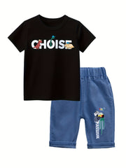 Boys Dino T-shirt & Denim Pants Set, Casual Summer Outfit