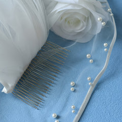 Satin Bridal Veil with Faux Pearl Embellishments Romantic Style