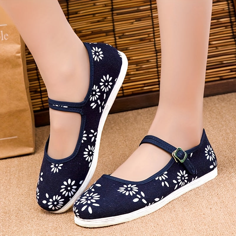 Women's Floral Print Canvas Shoes Casual Ankle Strap Outdoor Shoes