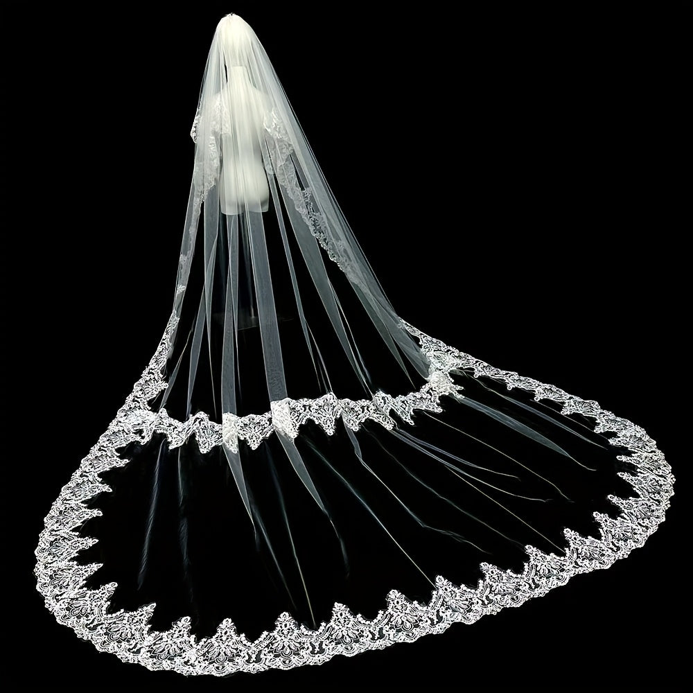 Royal Court Style Lace Bridal Tiara with Floral Pattern Train