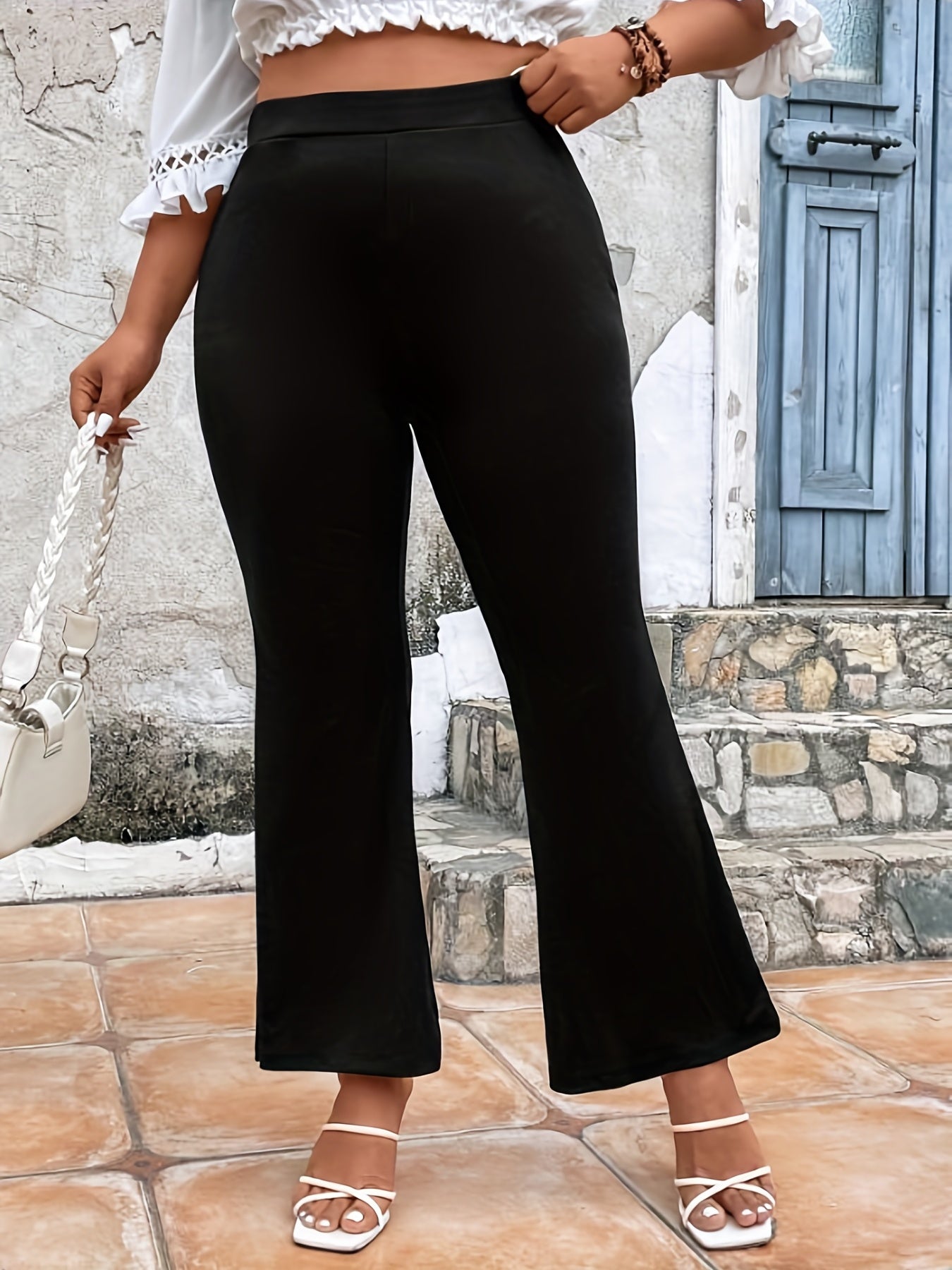  Elastic High Rise Flare Leg Crop Pants