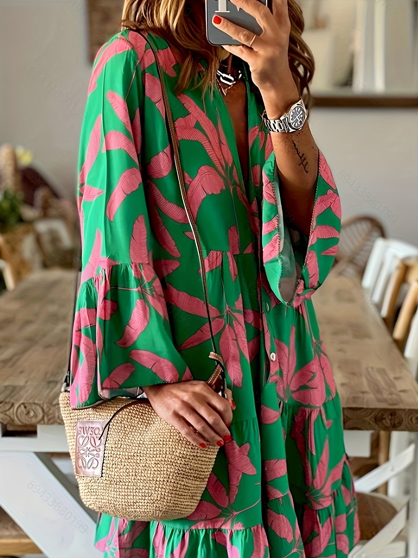  Floral Print Bell Sleeve V Neck Smock Dress