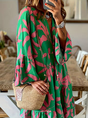  Floral Print Bell Sleeve V Neck Smock Dress