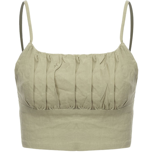 Solid Pleated Crop Cami Top Shirred Back