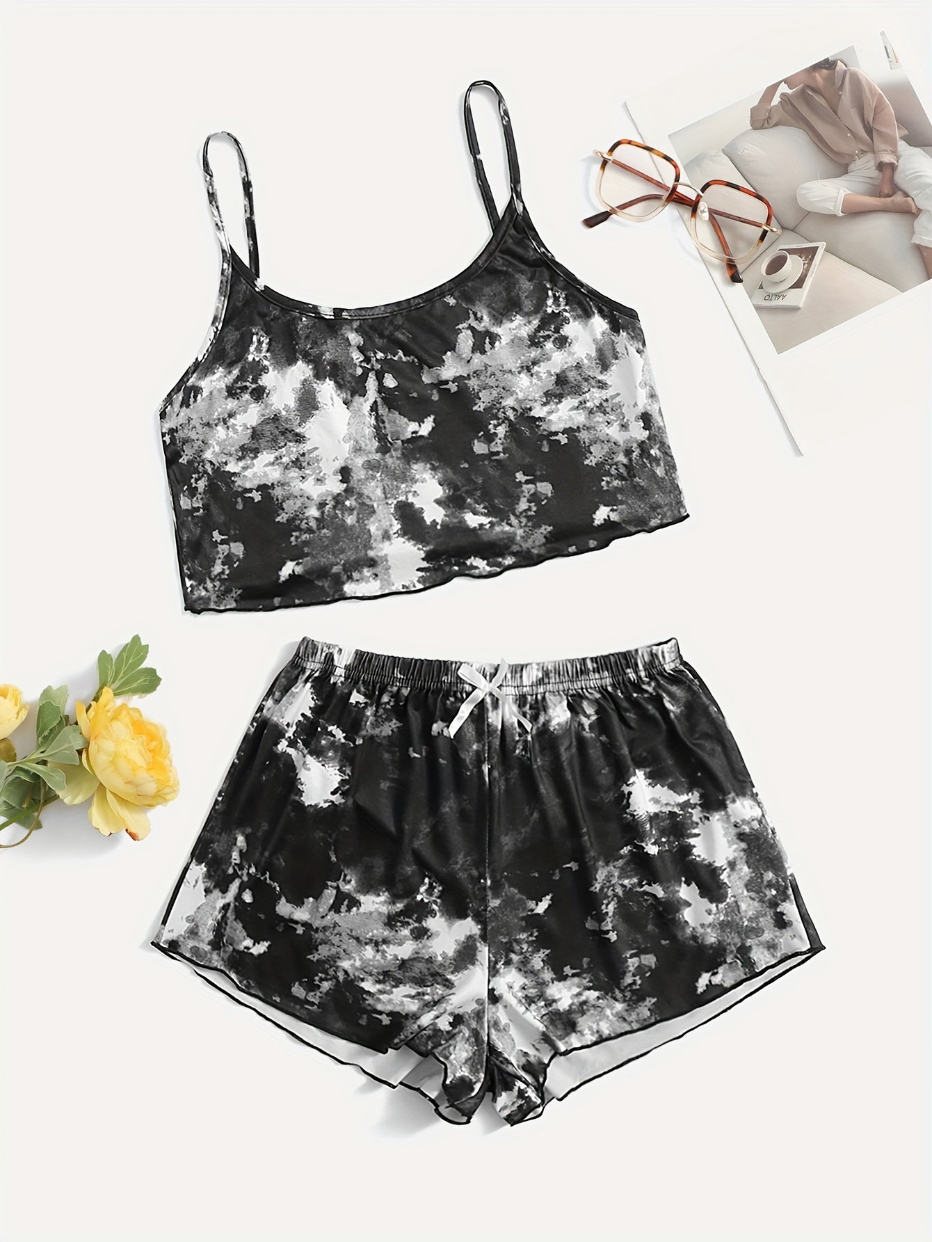 Tie Dye Pajama Set V Neck Cami & Shorts Sleepwear
