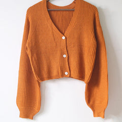 Solid Button Front Knit Cardigan V Neck Sweater