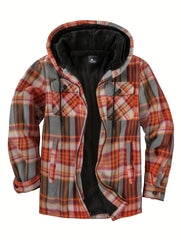 Men's Plaid Fleece Zip Hooded Jacket Outdoor Fall Winter