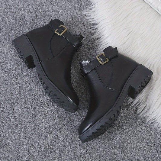 Solid Chunky Heel Boots Buckle Strap Short Boots Comfortable