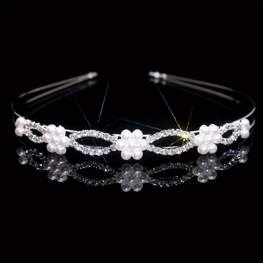 Rhinestone Faux Pearl Headband Queen Double Layer Crown Tiara Head Jewelry